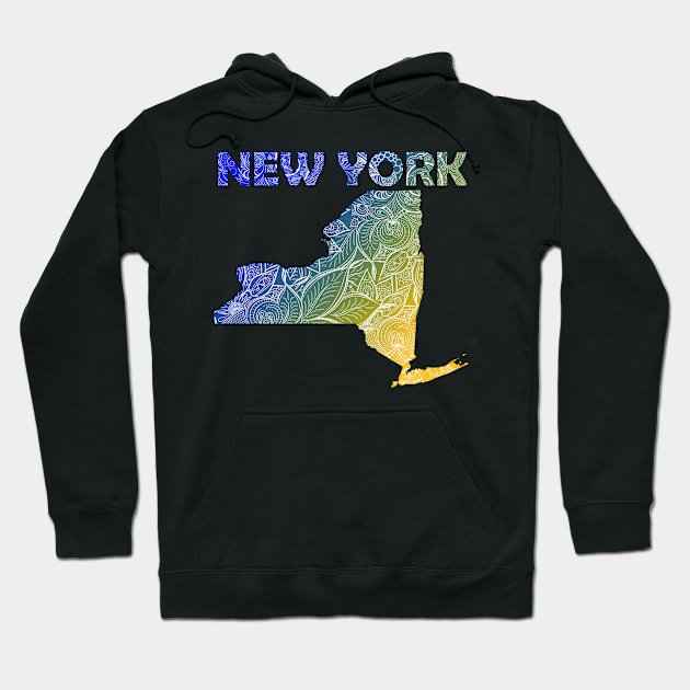 Colorful mandala art map of New York with text in blue and yellow Hoodie by Happy Citizen